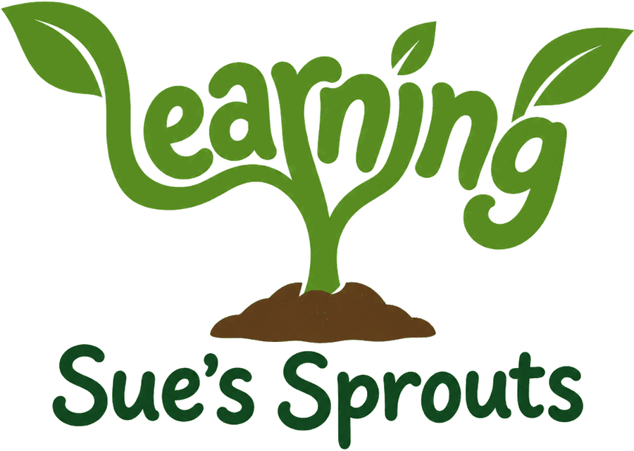 Sue’s Sprouts logo: a seedling whose stem spells Learning, growing from soil